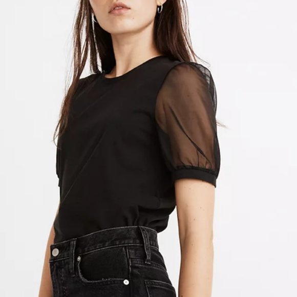 Madewell Tops - MADEWELL BLACK SHEER-SLEEVE KNIT TOP